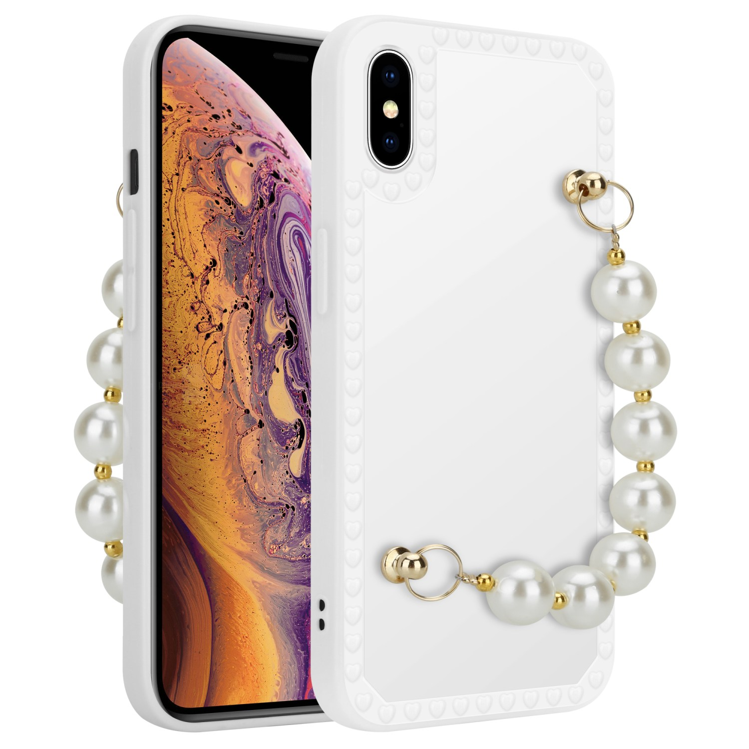 Custodia bianca con perle e cinturino, con un telefono dentro.