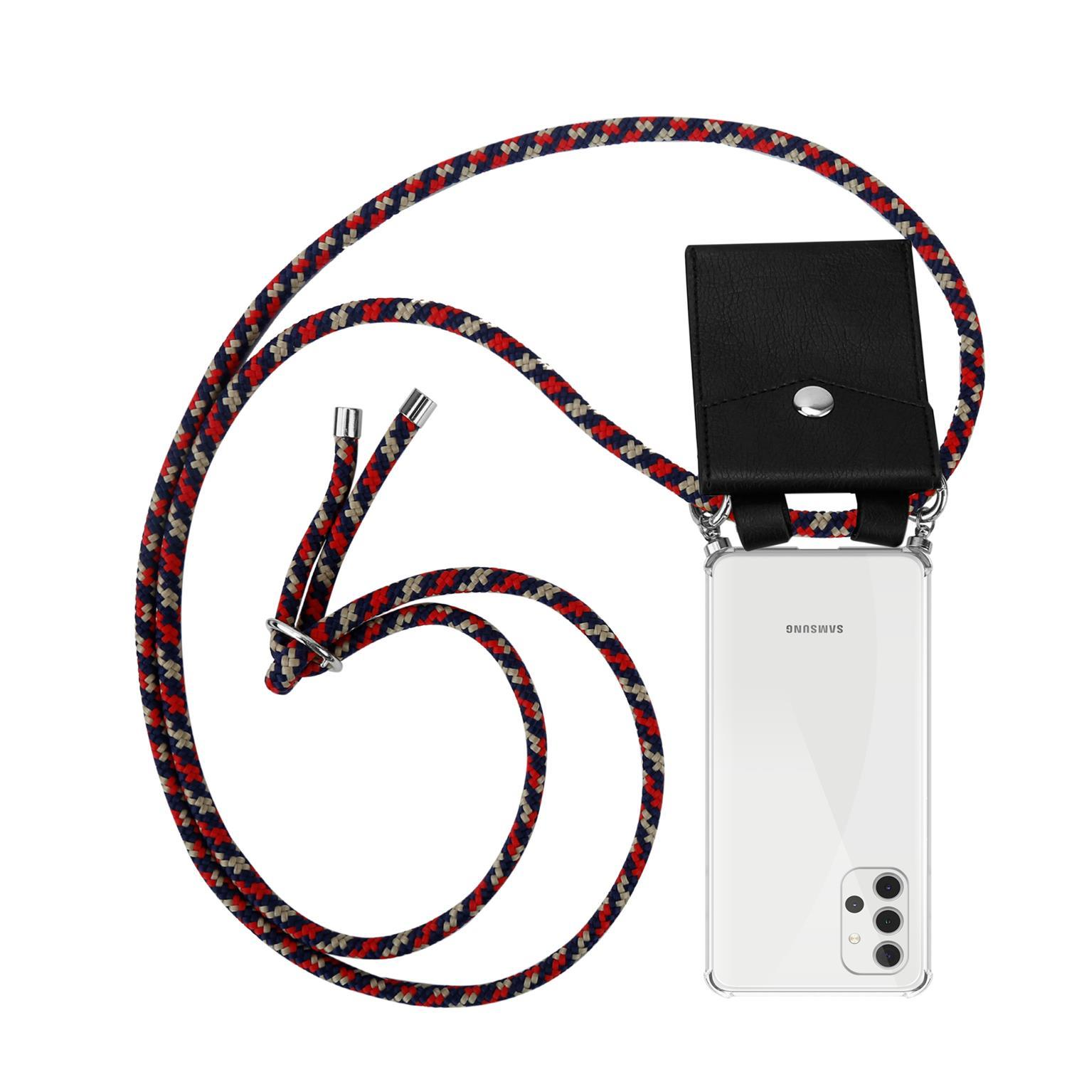 Ein Telefon mit schwarzem Lederetui und farbigem Lanyard. Das Telefon ist durchsichtig, und ein Samsung ist sichtbar.