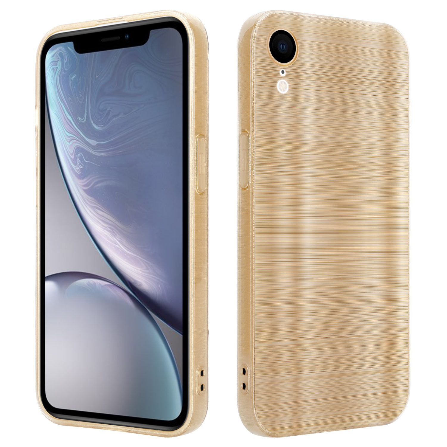 Goldene Handyhülle. Telefon links, Gehäuse hinten rechts. Beide haben eine strukturierte Oberfläche.