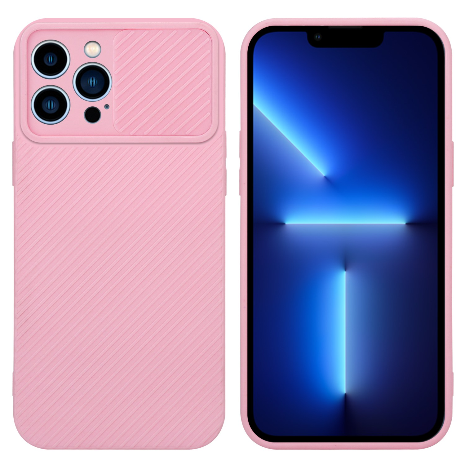 Rosa Handyhülle mit Kameraabdeckung und ein Telefon mit blauem Bildschirm. Der Hintergrund ist weiß.