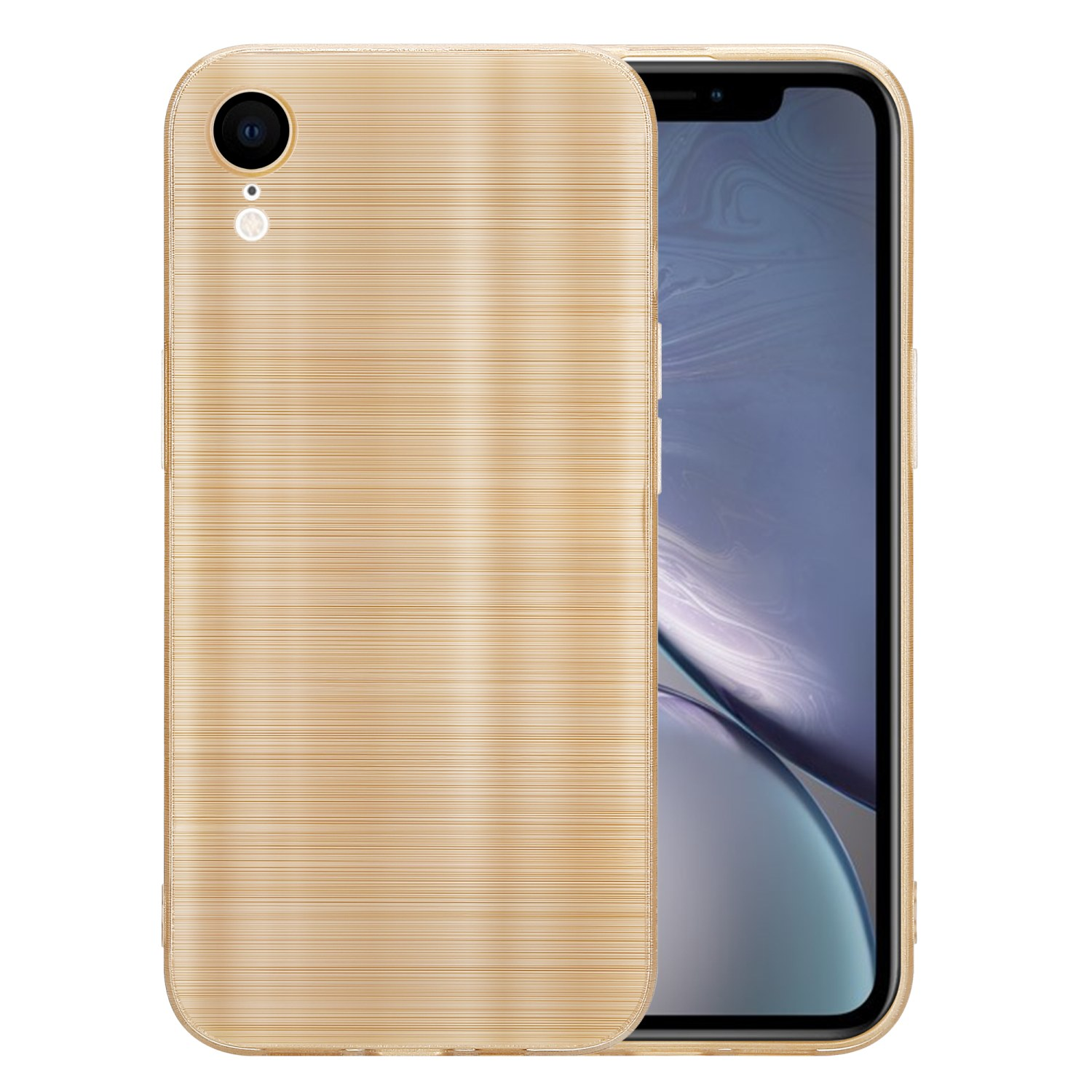 Eine goldene iPhone-Hülle mit strukturierter Rückseite, wobei die Kameradetails sichtbar sind.