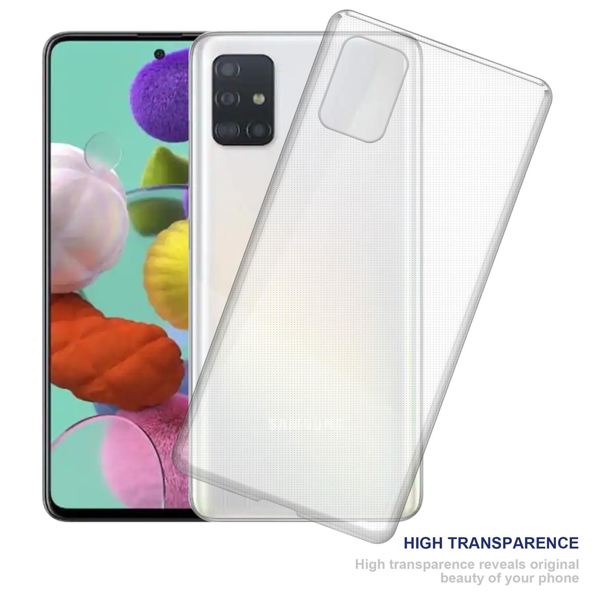 Transparente Handyhülle über dem Telefon. Zeigt die Rückseite des Telefons.