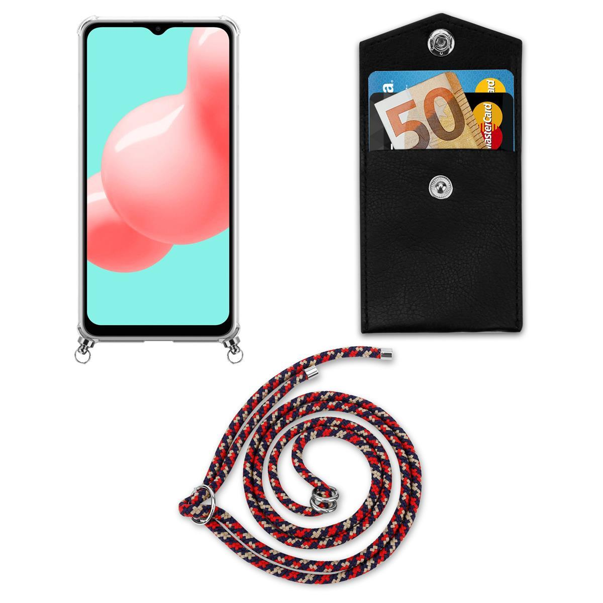 Telefon mit Lanyard und Geldbörse. Das Telefon zeigt einen Bildschirm. Die Geldbörse hat eine Kreditkarte darin.