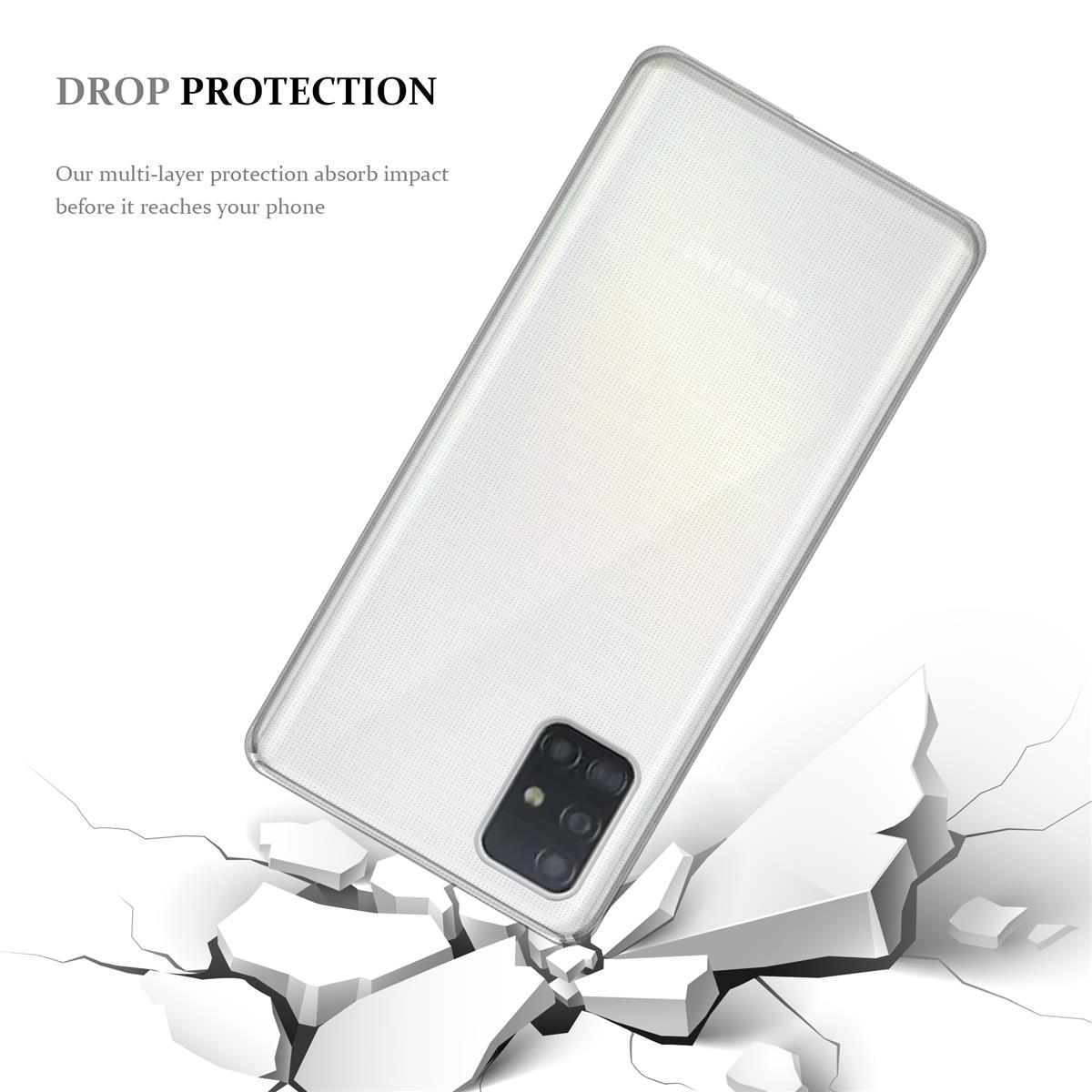 Handyhülle mit Sturzschutz. Das Telefon ist weiß, die Hülle transparent, darunter zerbrochener Boden.