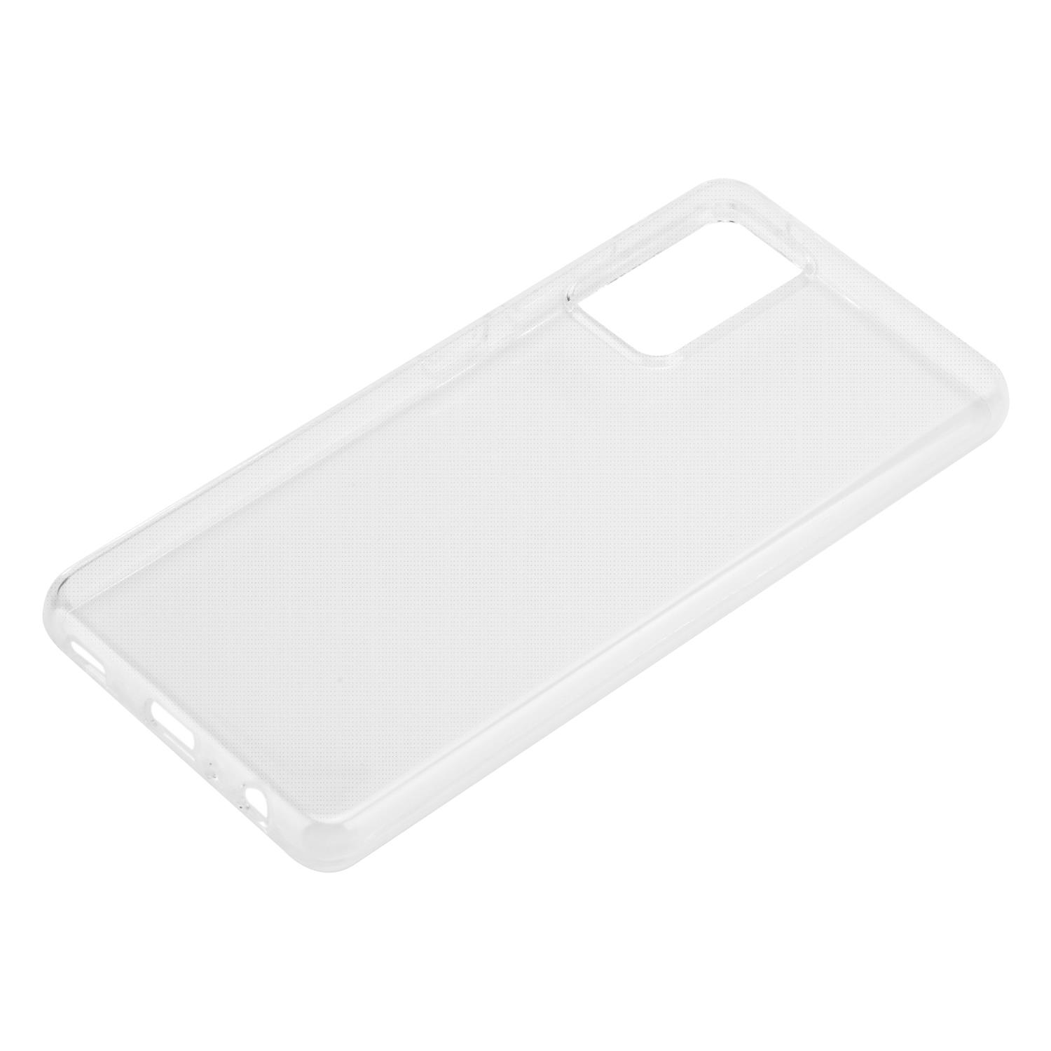Transparente Handyhülle auf weißem Hintergrund, zeigt Form und Design der Hülle.
