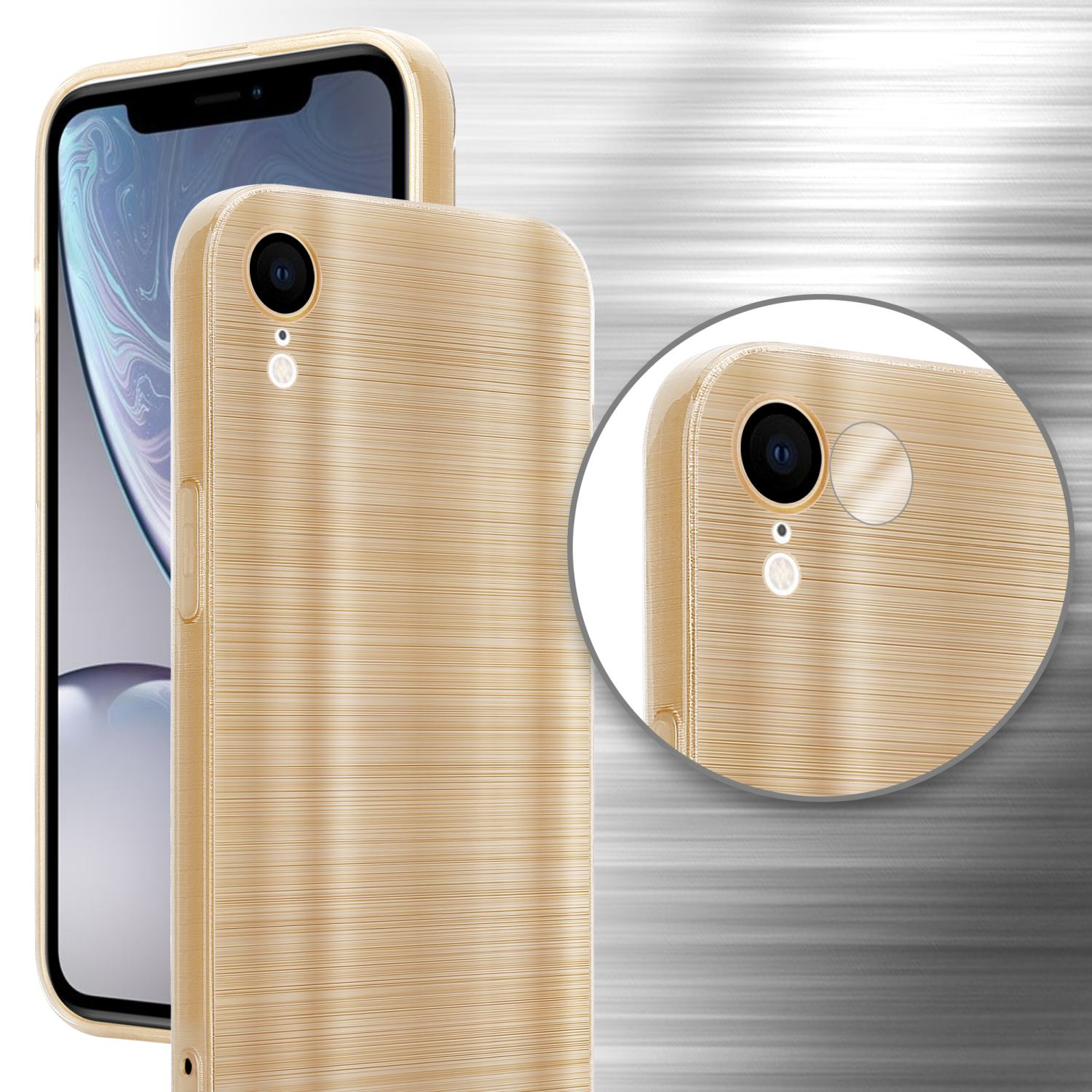 Goldene Handyhülle auf einem Telefon, mit Nahaufnahme der Kamera und der Rückseite des Telefons.