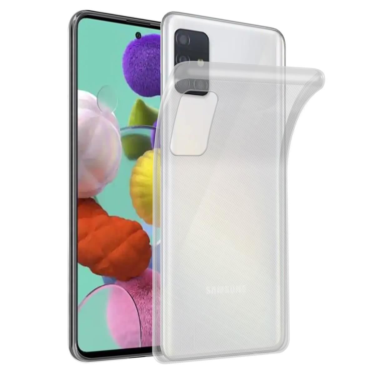 Transparente Handyhülle mit Telefon darin. Die Hülle ist transparent. Der Hintergrund ist eine weiße Wand.