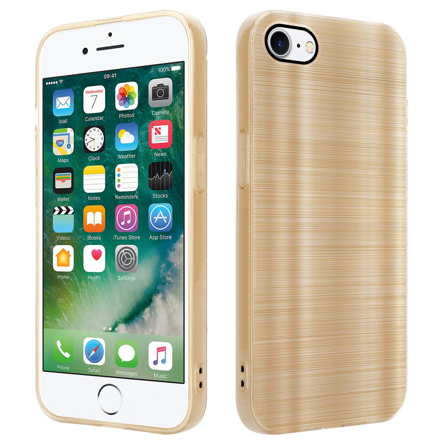 Zwei Ansichten eines goldenen iPhone 7 mit goldener Hülle. Der Bildschirm ist eingeschaltet, zeigt Symbole.