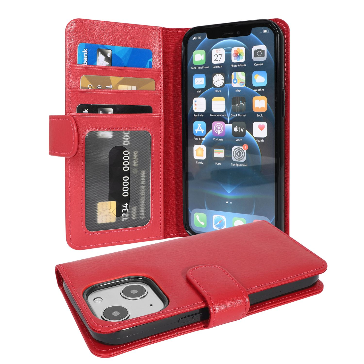 Rote Handyhülle, geöffnet. Enthält Karten und ein Telefon.