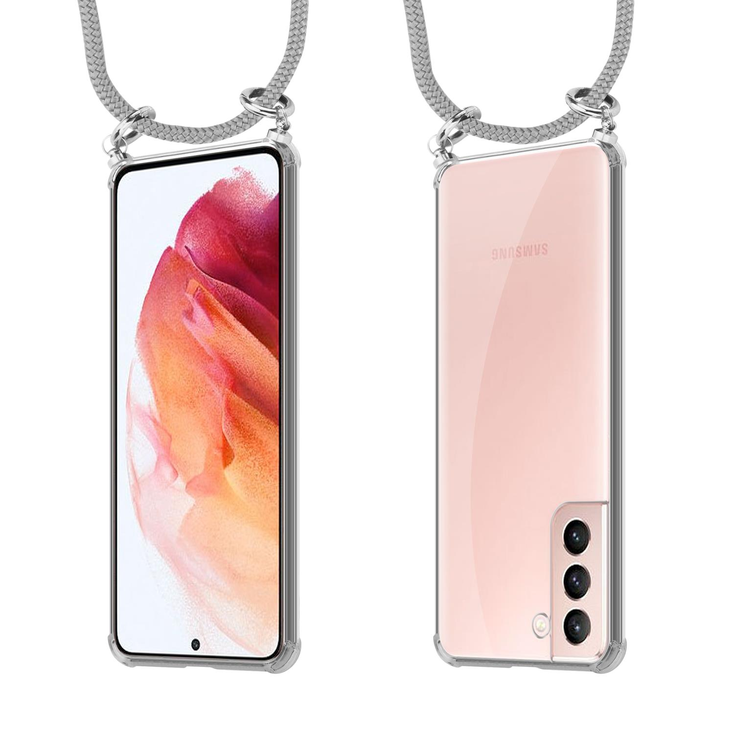 Ein Telefon in einer transparenten Hülle mit Lanyard. Das Telefon zeigt Vorder- und Rückseite. Grauer Hintergrund.
