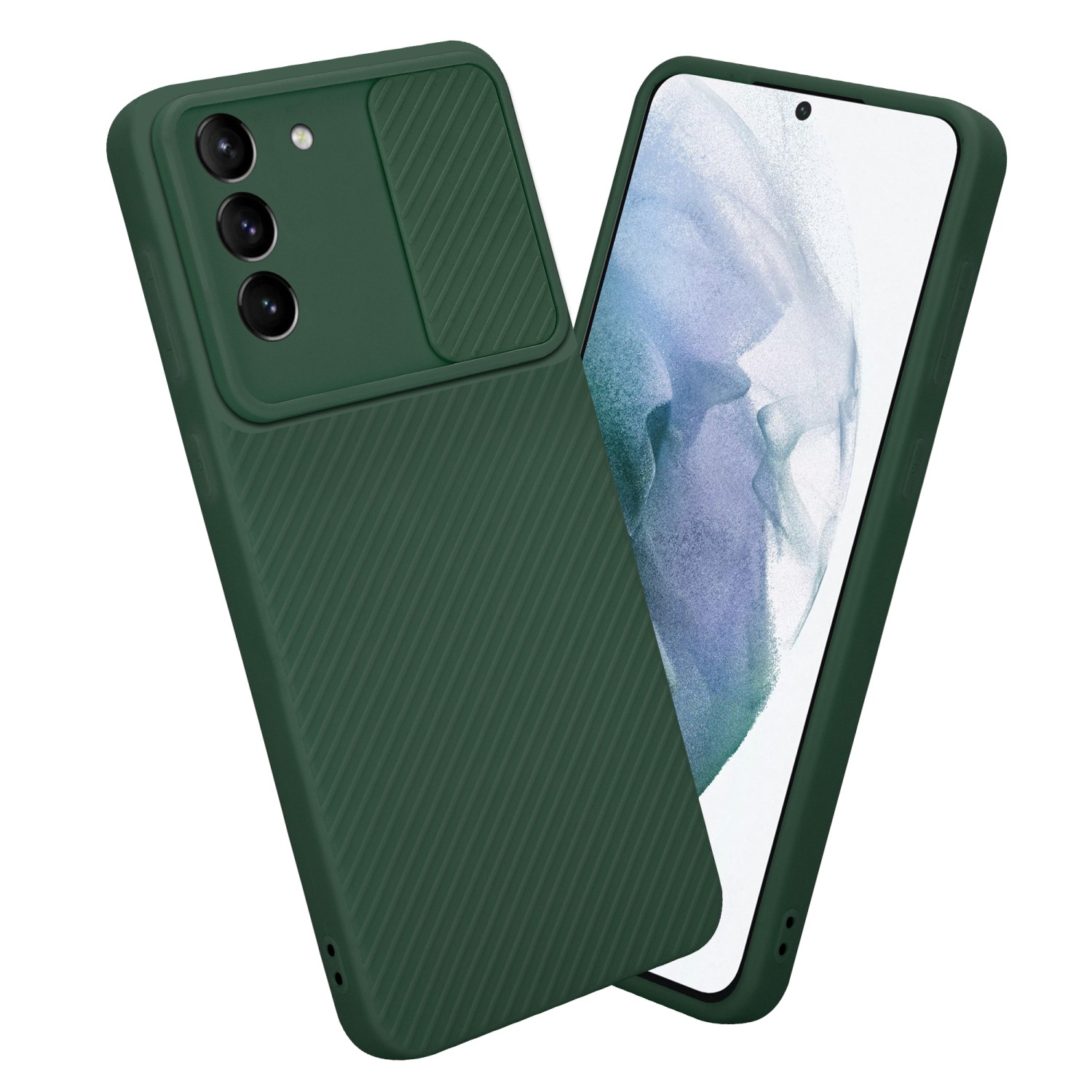 Custodia per telefono verde scuro, protezione fotocamera con telefono all'interno.