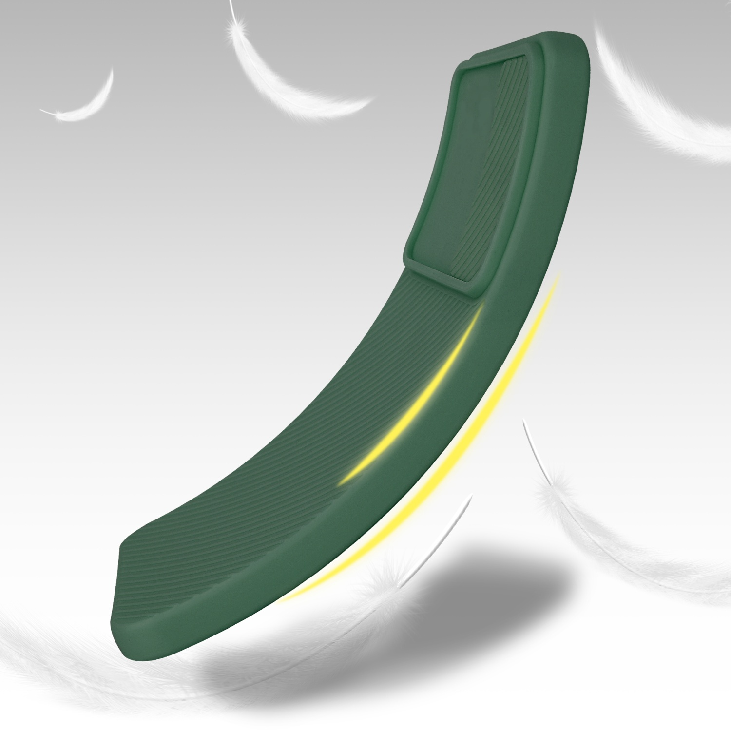 Una custodia verde con un rettangolo rialzato. Piume bianche fluttuano sullo sfondo.