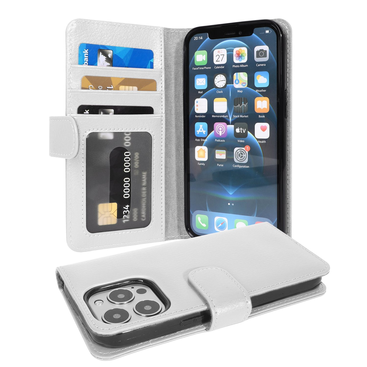 Weiße Telefon-Geldbörsenhülle mit Karten und Telefon. Telefon zeigt App-Symbole.