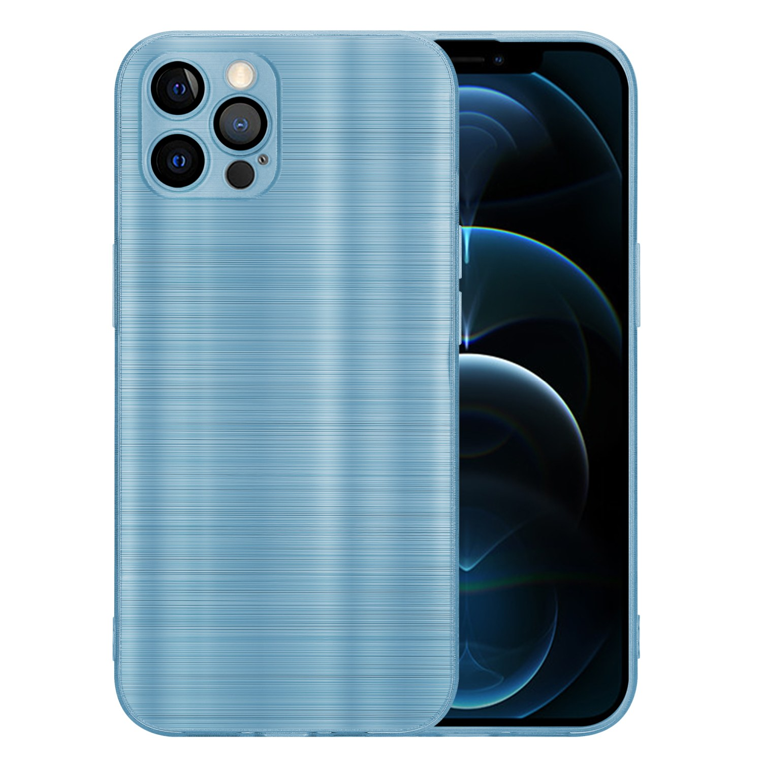 Blaue Handyhülle. Telefon im Inneren. Hülle hat gebürstetes Metalldesign. Weißer Hintergrund.