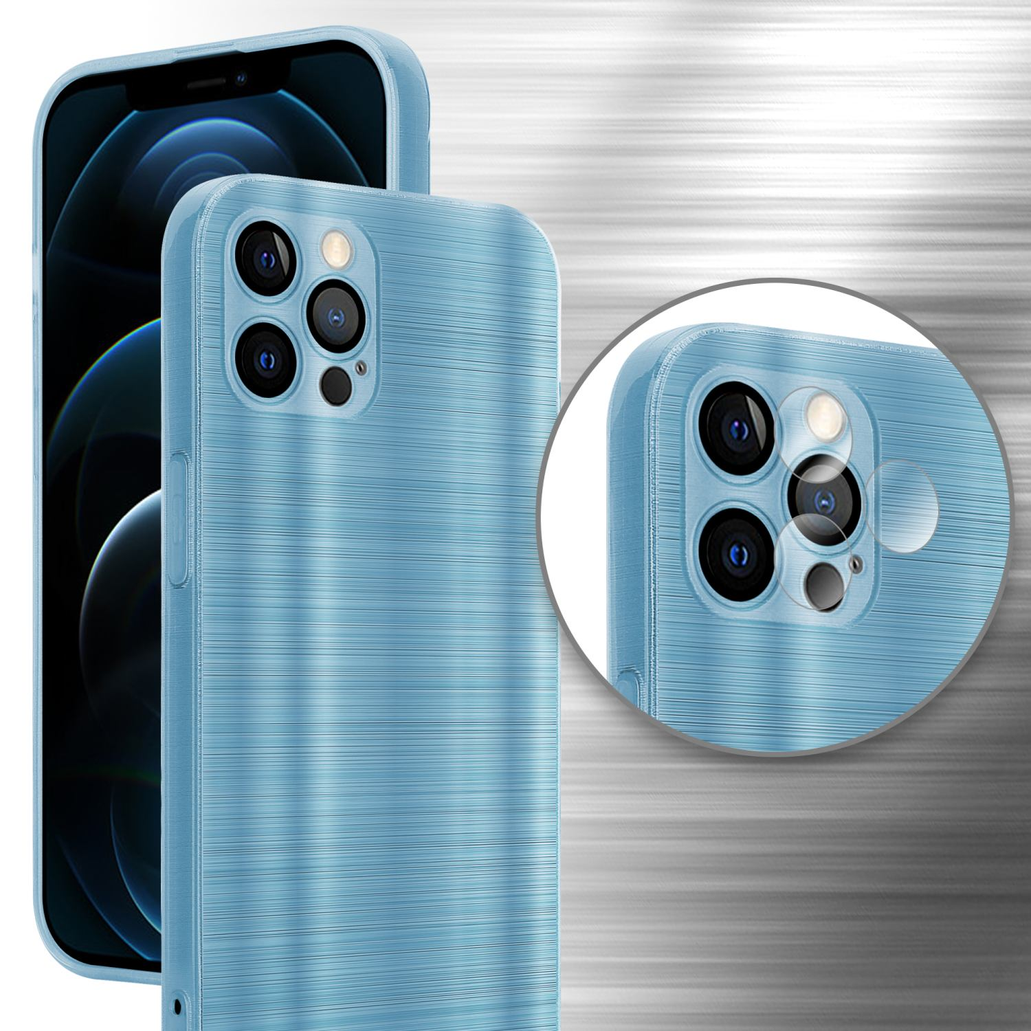 Eine hellblaue Handyhülle mit einem Telefon darin. Die Hülle hat ein strukturiertes Muster.