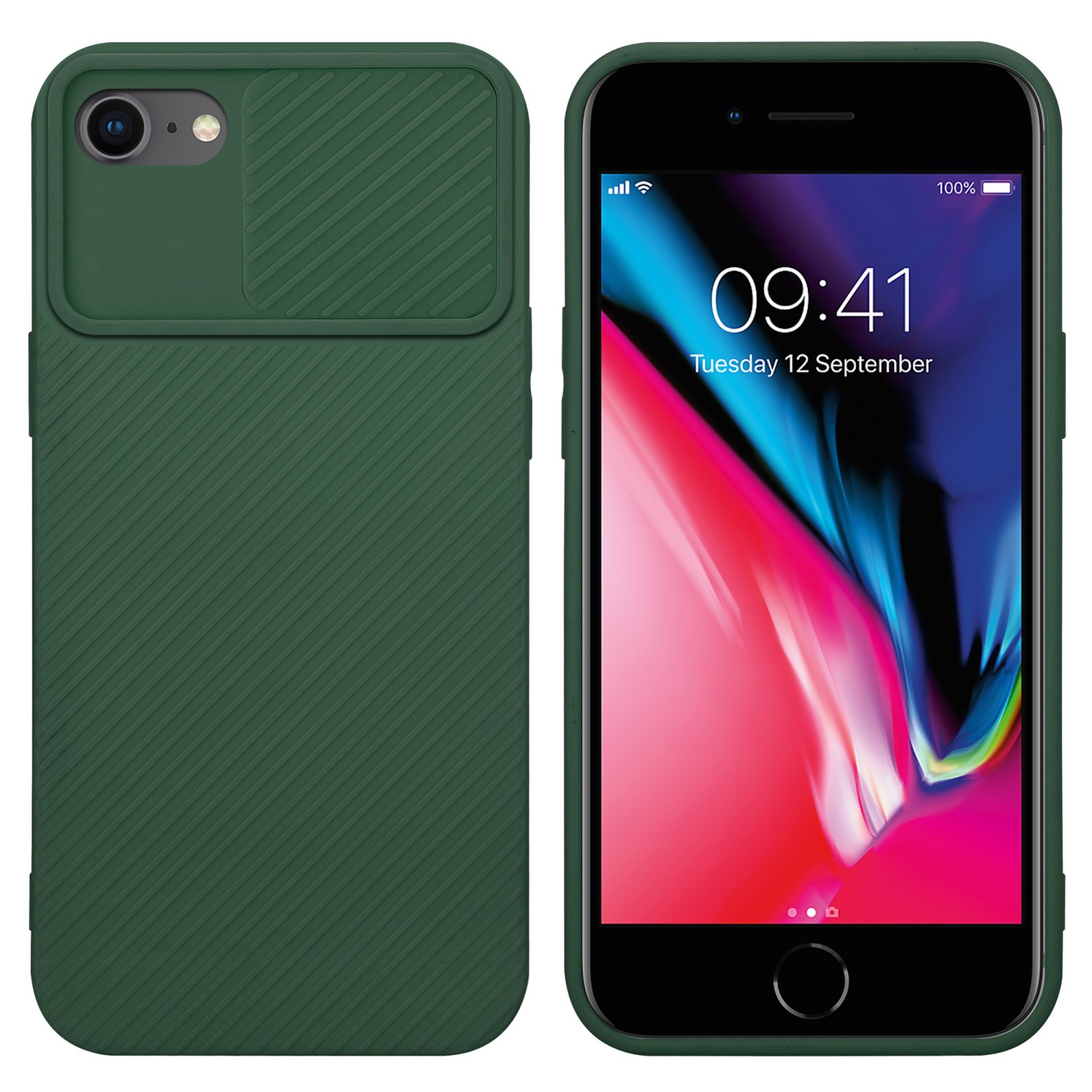 Grüne Handyhülle mit Schiebeabdeckung neben einem Telefon, das die Zeit anzeigt.