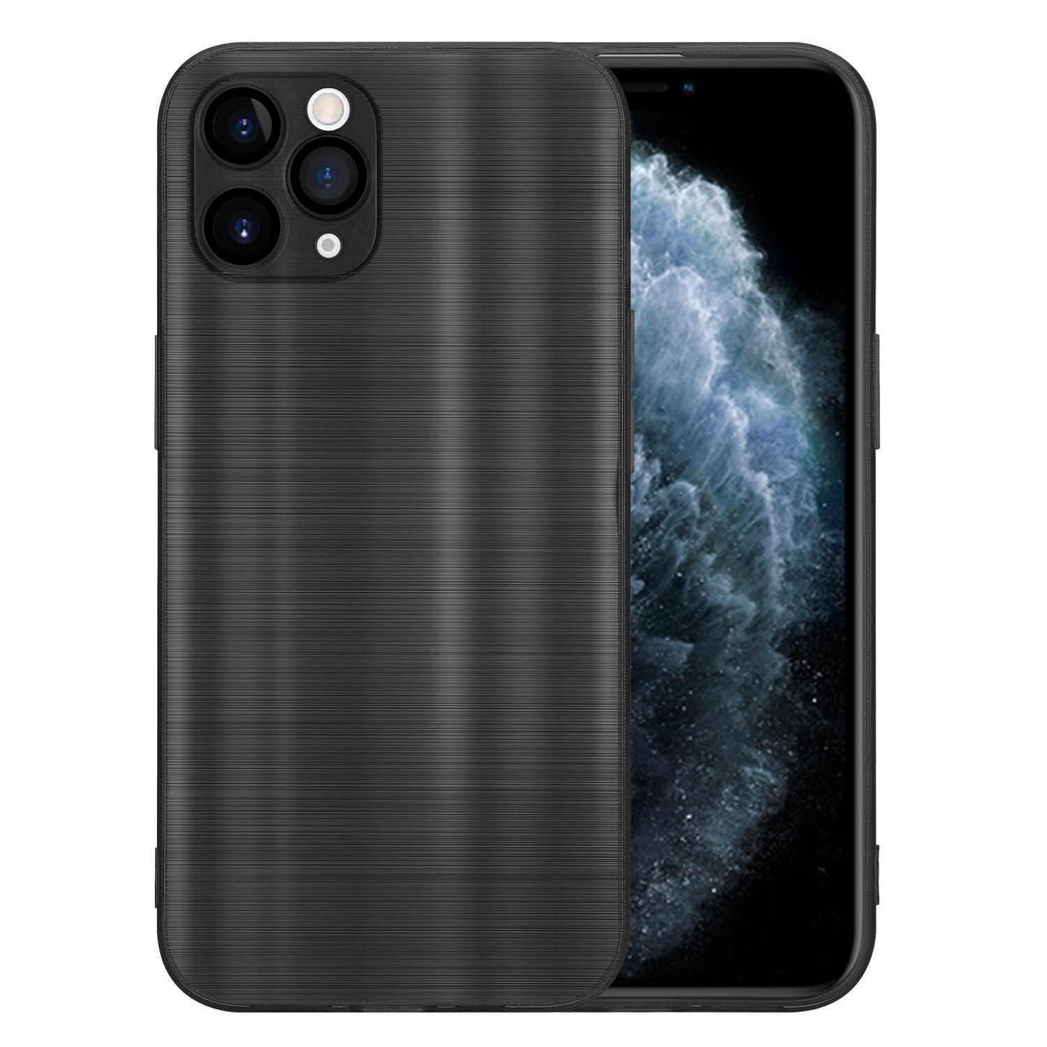 Schwarze Handyhülle mit strukturiertem Design, mit Telefon darin.
