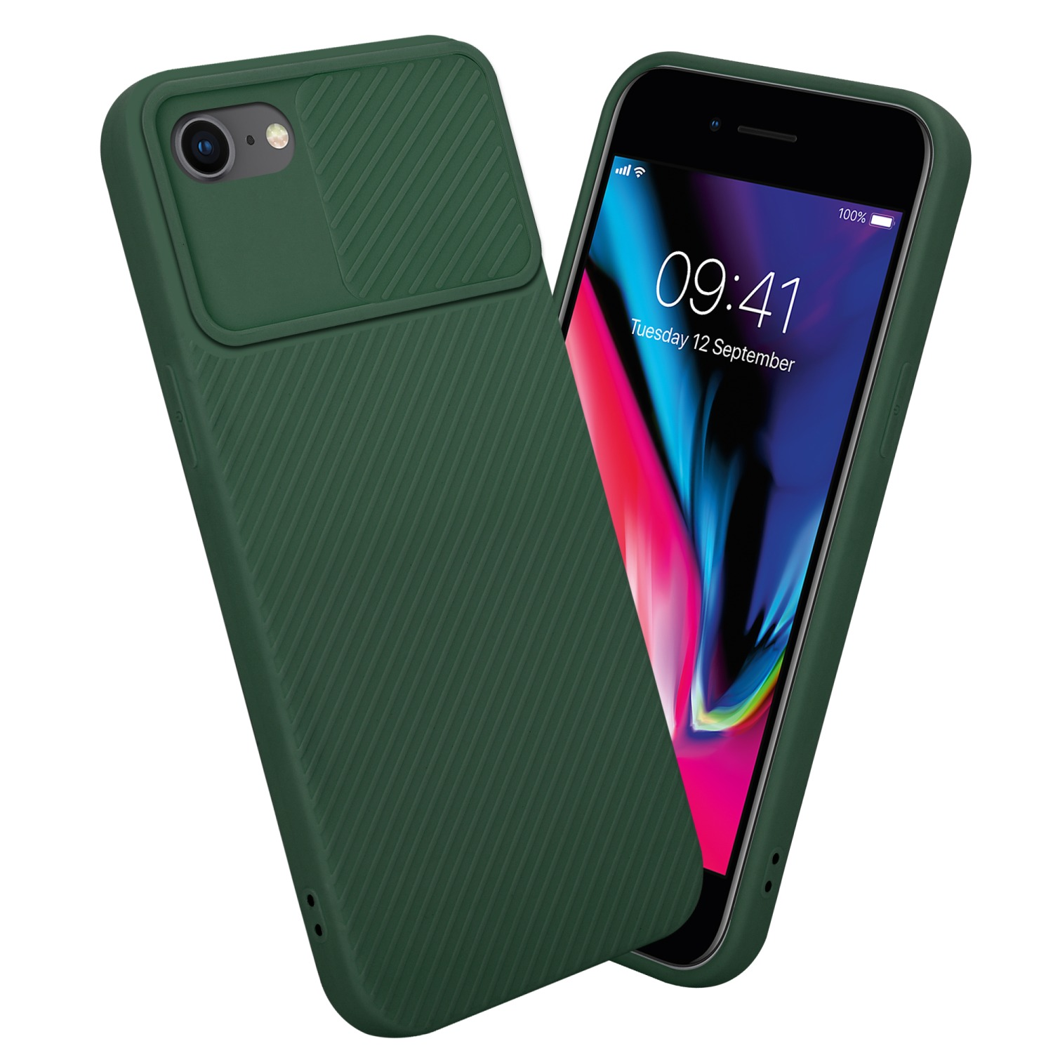 Grüne Handyhülle mit Kameraabdeckung auf einem Telefon, schräge Ansicht.