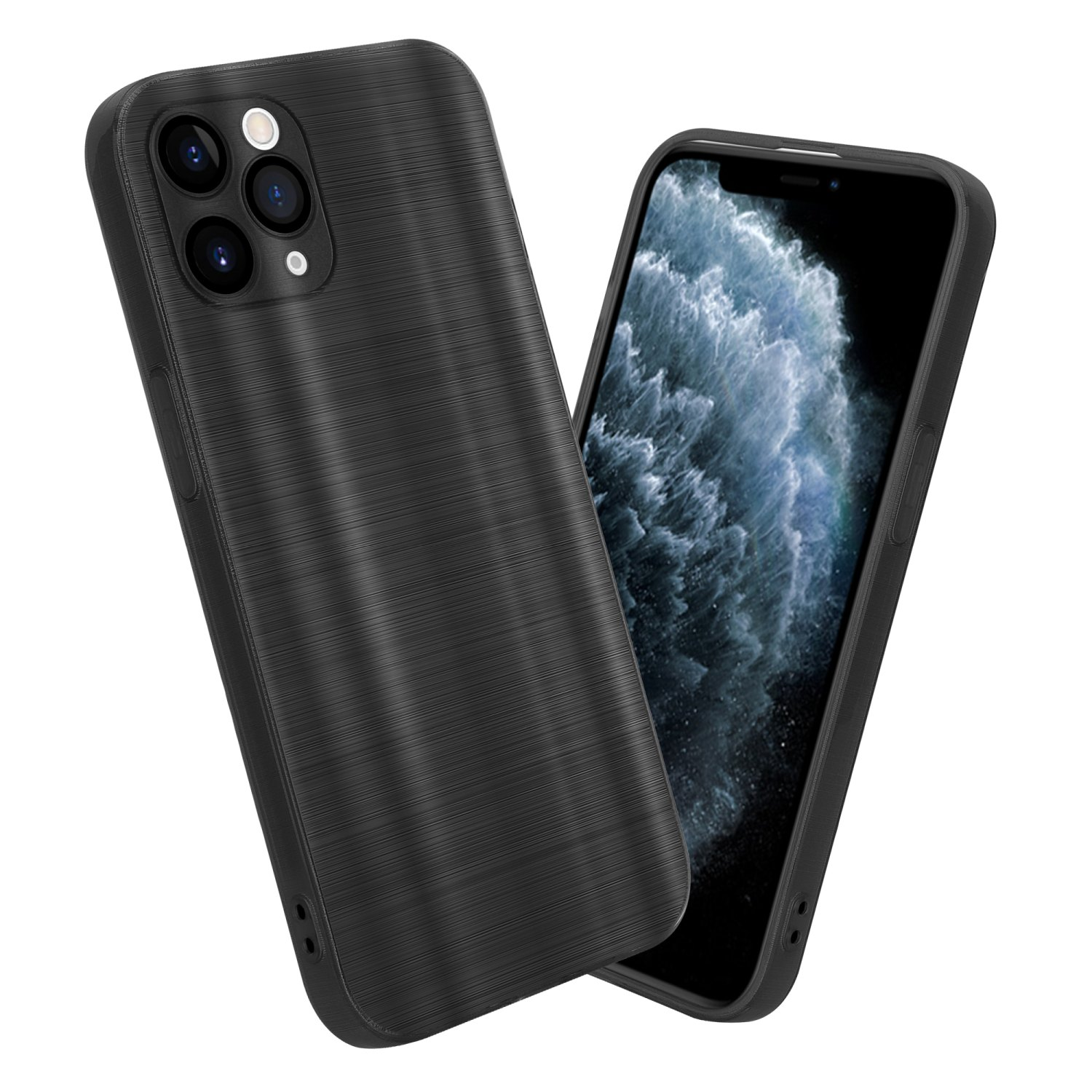 Schwarze Handyhülle mit strukturierter Oberfläche, mit Telefon.