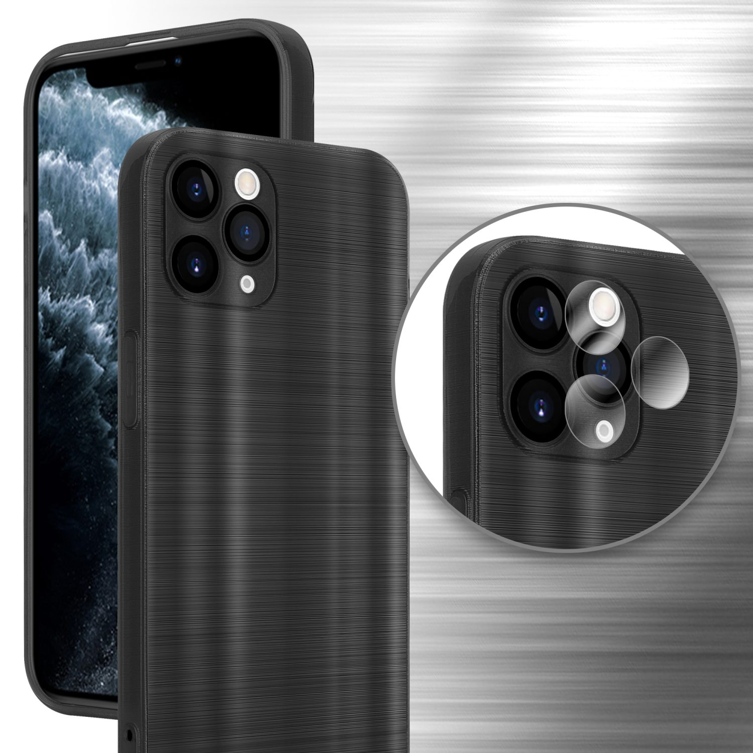 Schwarze Handyhülle mit Telefon. Kreisförmige Detailaufnahme von Kamera.