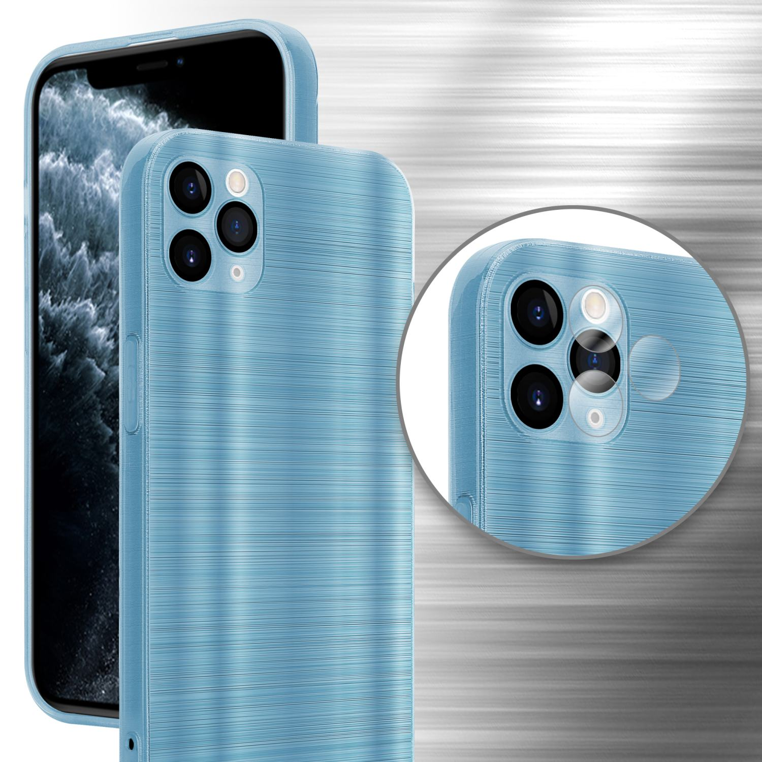 Blaue Handyhülle, iPhone. Nahaufnahme des Kamerabereichs rechts. Metallischer Hintergrund.