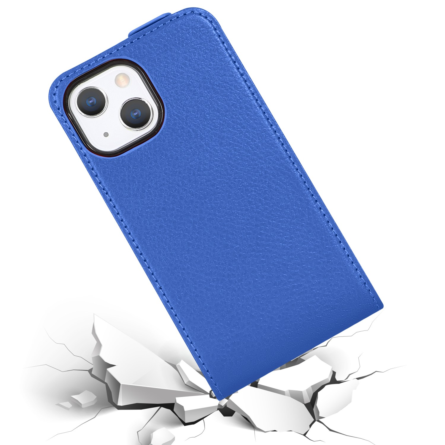 Blaue Handyhülle, mit Telefon darin, auf einer gerissenen Oberfläche.