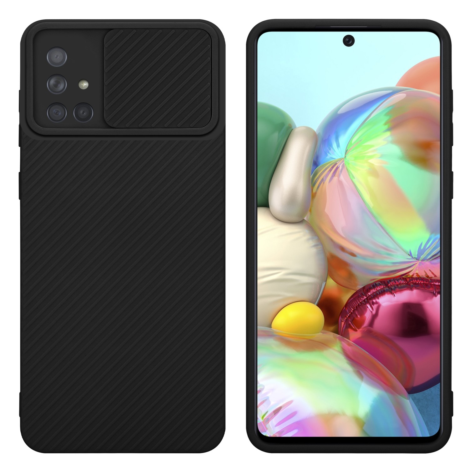 Schwarze Handyhülle mit Kameraabdeckung, neben einem Telefon mit farbigem Bildschirm.