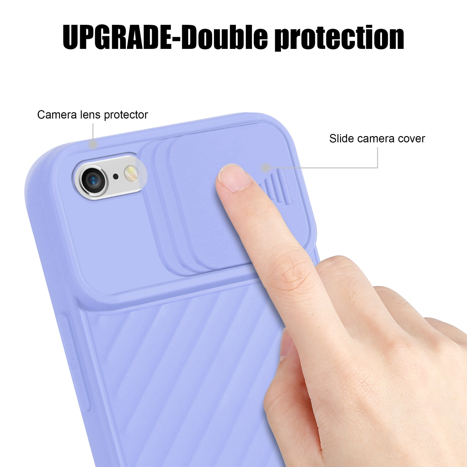 Eine Hand berührt eine hellviolette Handyhülle. Text sagt 'UPGRADE-Doppelter Schutz'. Zeigt Kamera und Schiebeabdeckung.