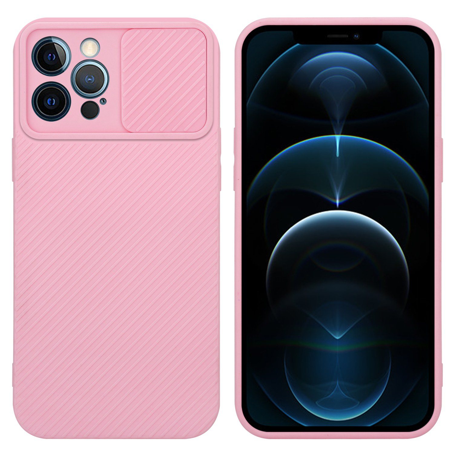 Rosa Handyhülle mit Telefon, das einen blauen Hintergrund zeigt. Die Hülle hat eine Kameraabdeckung.