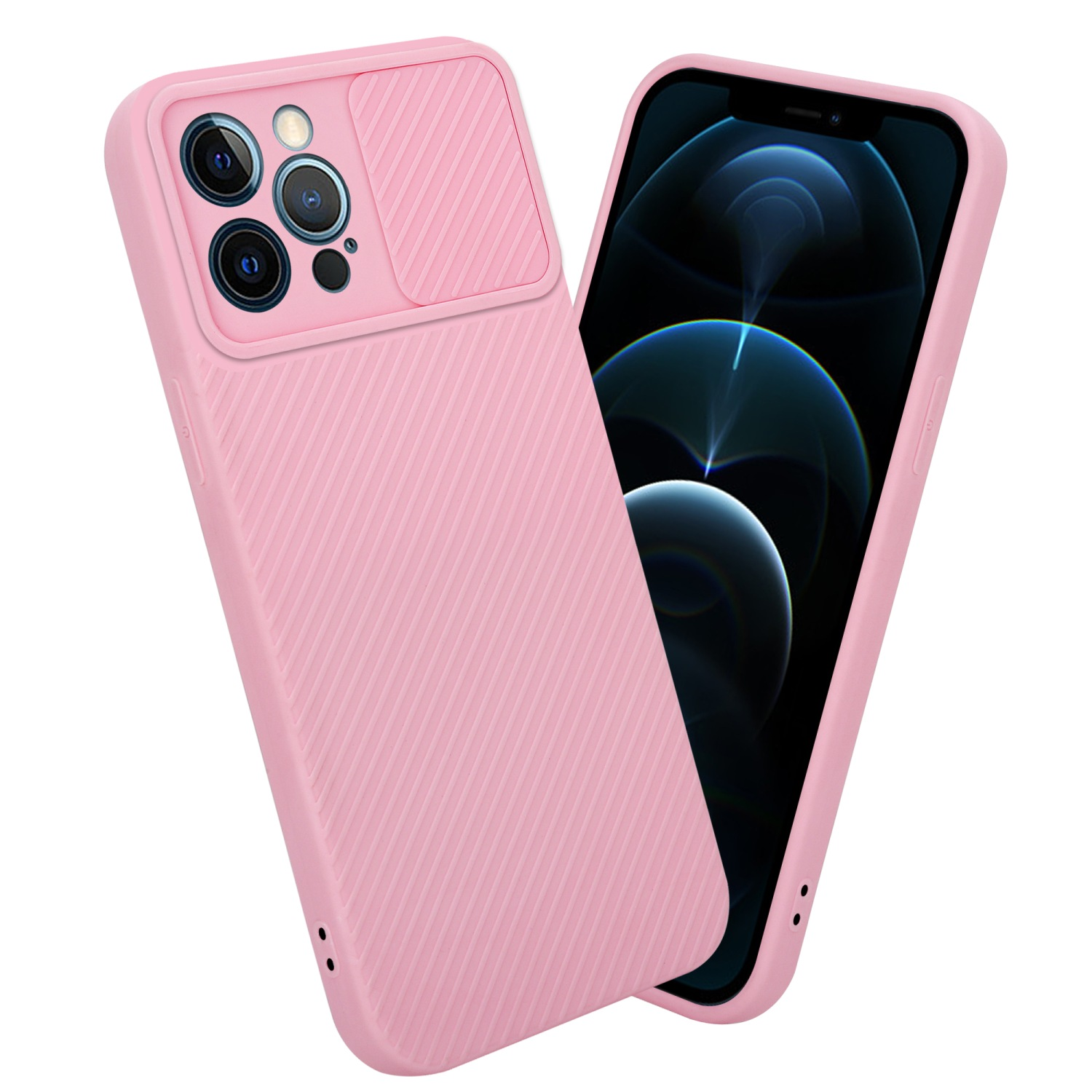 Rosa Handyhülle mit Kameraabdeckung. Telefon mit blauem Bildschirmbild. Weißer Hintergrund.