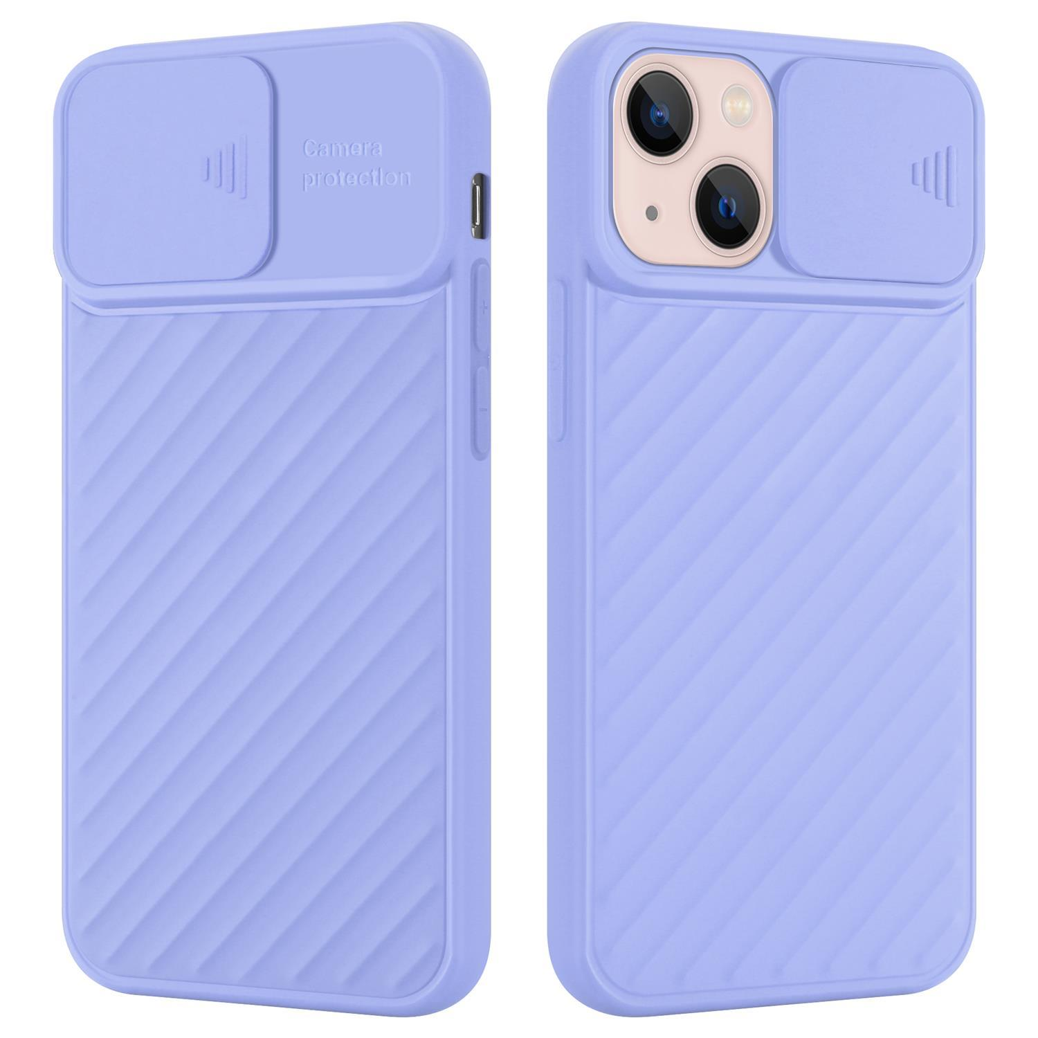 Funda lila con protección de cámara. La pantalla es visible. Fondo blanco.