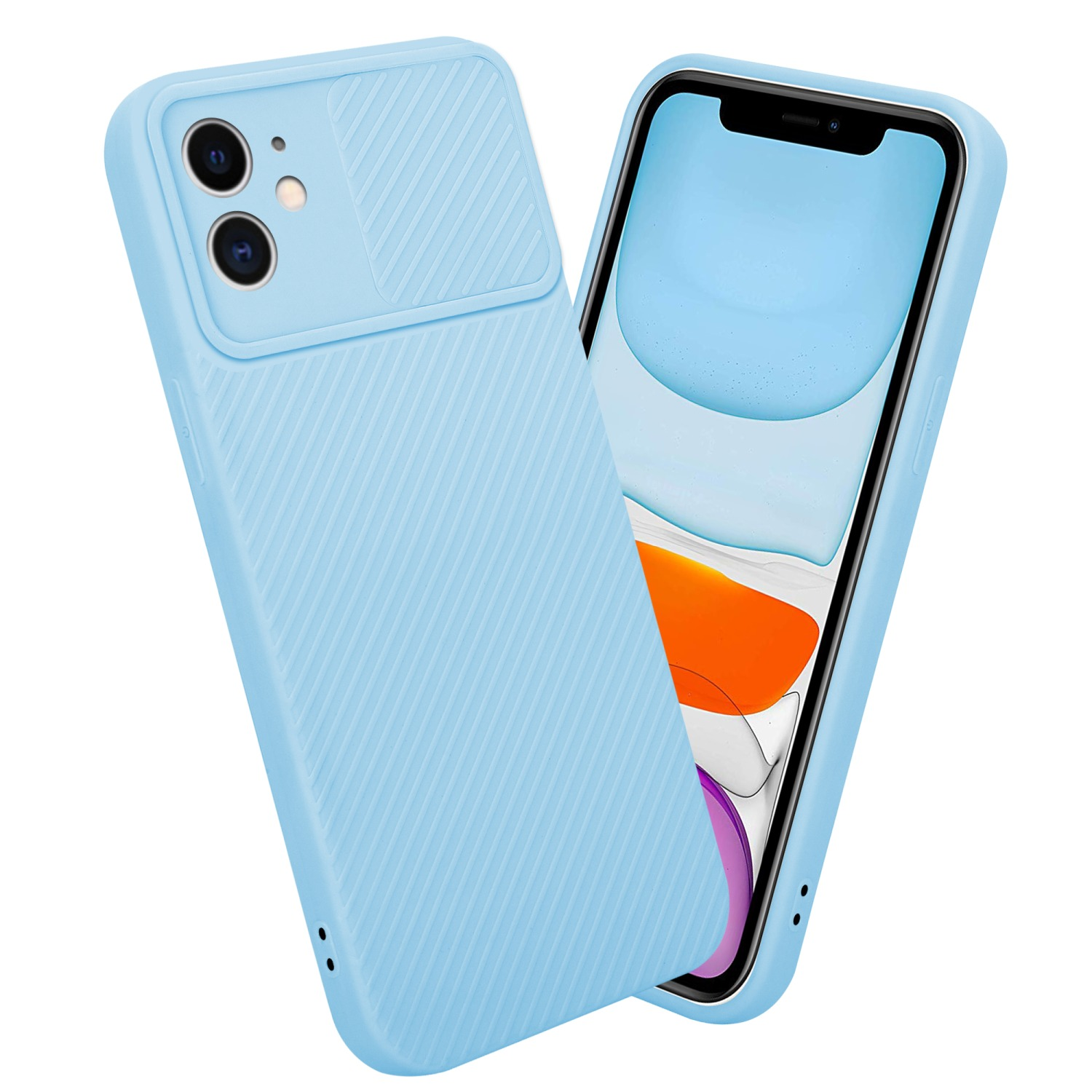 Custodia blu per telefono con copertura della fotocamera. Un telefono azzurro è visibile. La copertura ha un design a strisce.