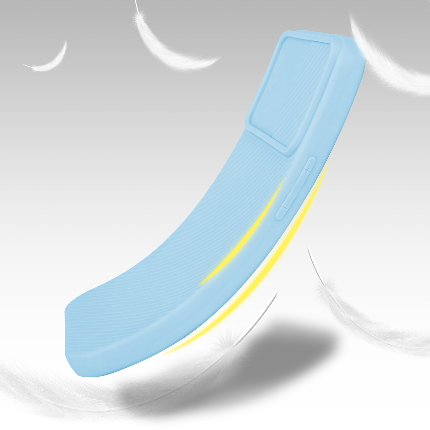 Una custodia azzurra, che mostra un design curvo e elementi piumati sullo sfondo.