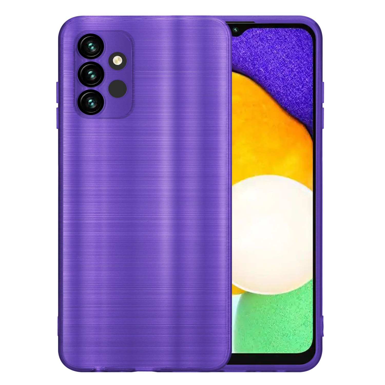 Custodia viola per telefono con un telefono all'interno. La custodia ha una superficie strutturata.