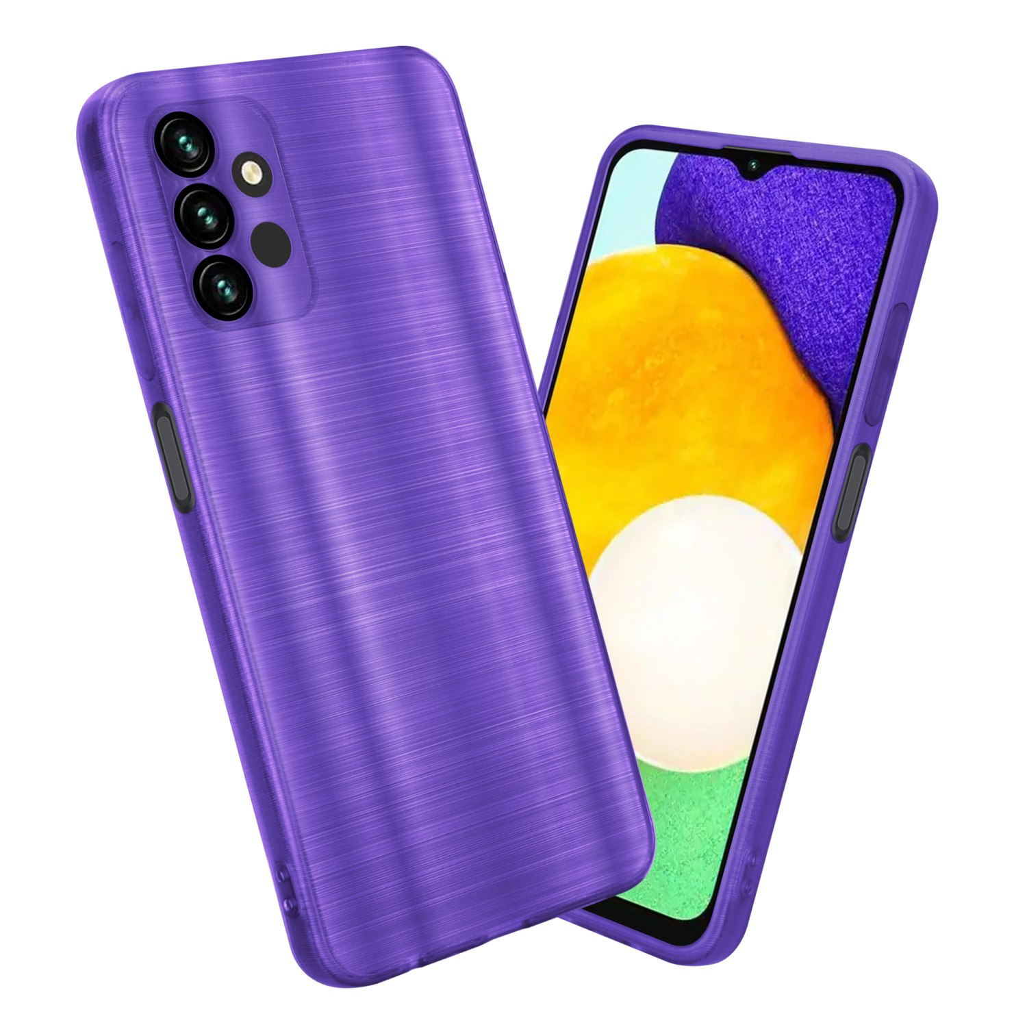 Custodia viola per telefono, due telefoni. Uno è dentro. La custodia ha una struttura in metallo spazzolato.