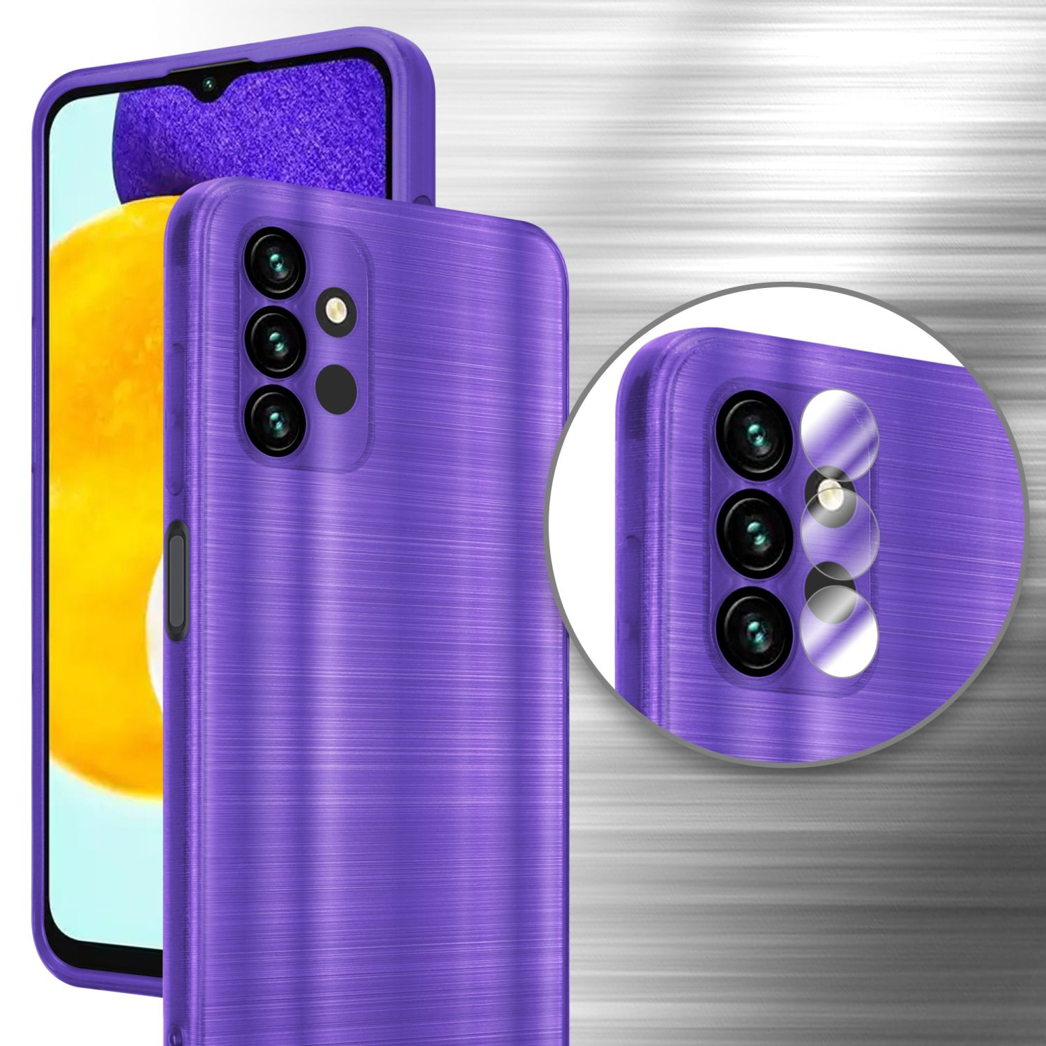 Custodia viola con telefono. Primo piano della fotocamera del telefono.