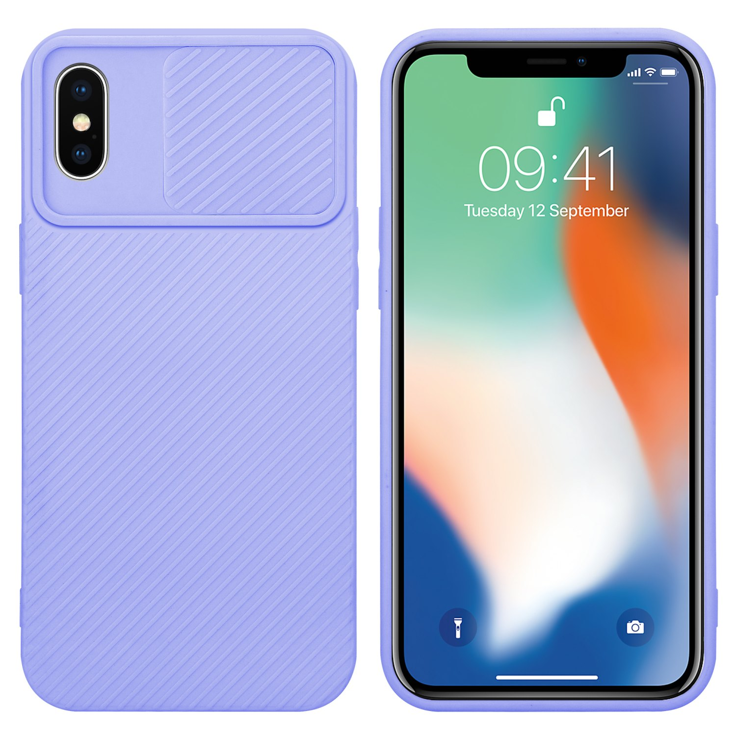 Lila Handyhülle mit Kameraabdeckung und Telefonbildschirm, der einen verschwommenen Hintergrund zeigt. Das Telefon ist rechts.