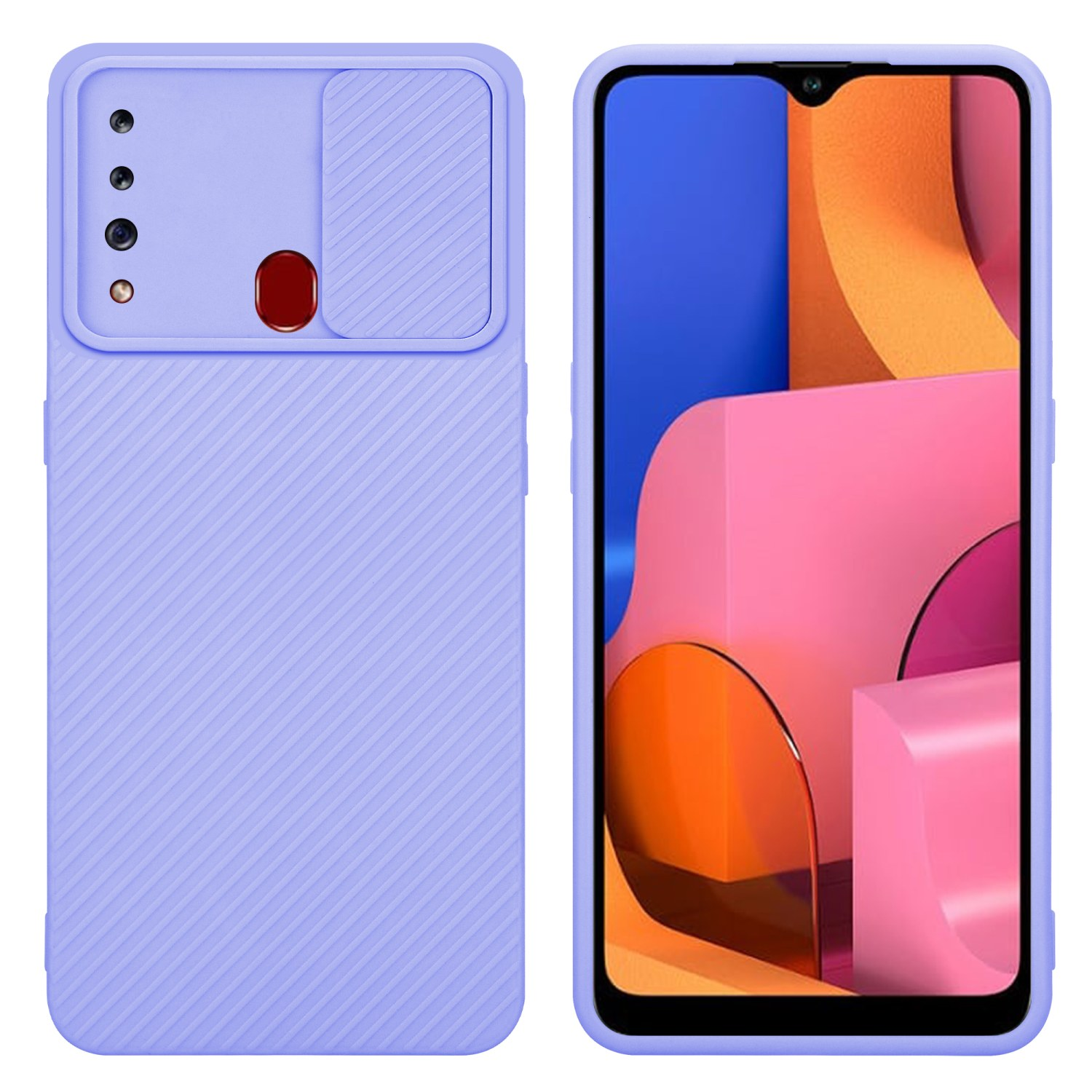 Zwei Handyhüllen, eine lila, eine mit Telefon. Die Hülle hat Kameraschutz.