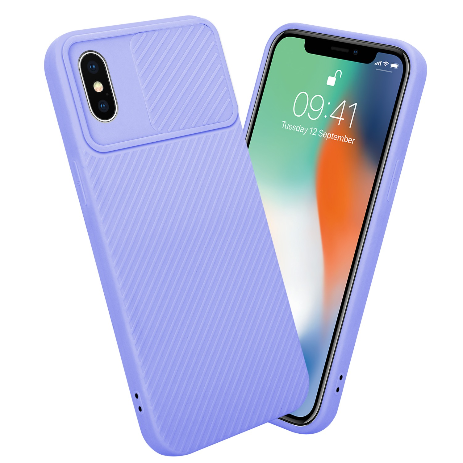 Lila Handyhülle, iPhone. Kameraschutz links. Telefon zeigt Uhrzeit.
