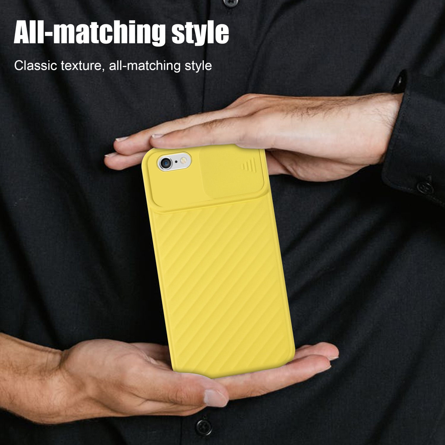 Gelbe Handyhülle mit Kameraabdeckung. Ein Mann hält sie in den Händen. All-Matching-Style.