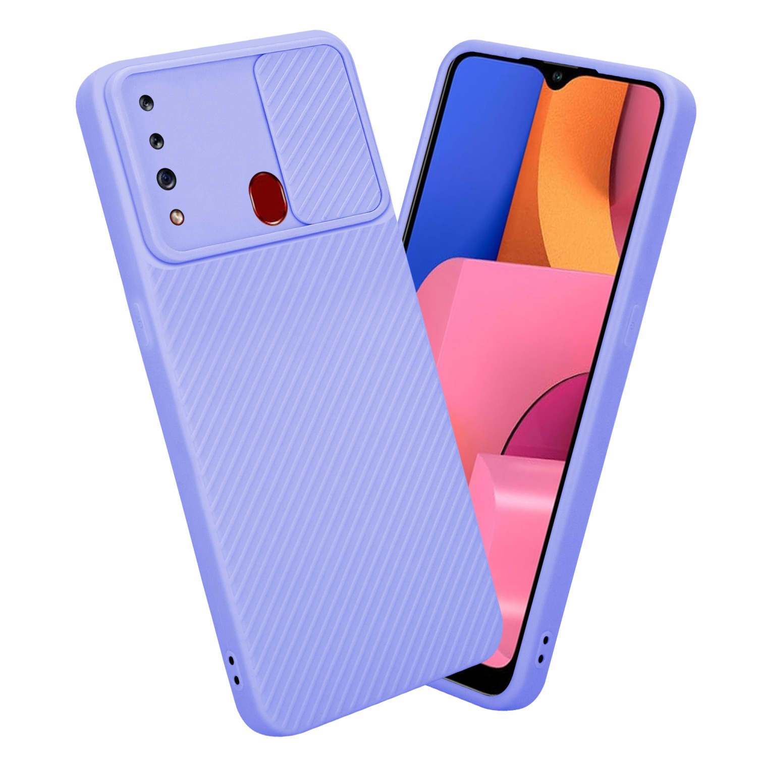 Lila Handyhülle mit einem Telefon darin. Die Handyhülle hat eine Kameraabdeckung. Rosa und blauer Hintergrund.