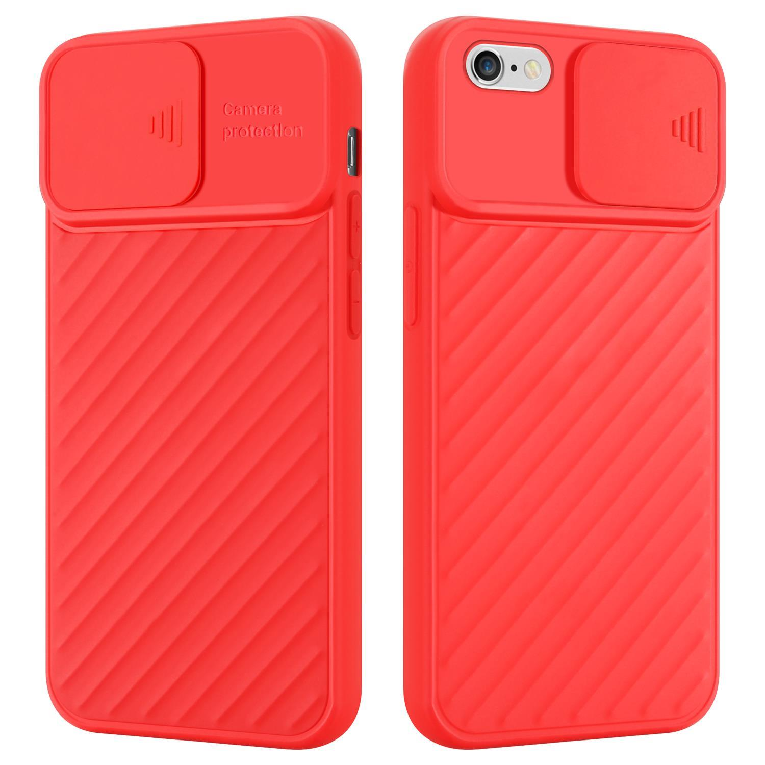 Rote Handyhülle mit Kameraabdeckung. Die Hülle hat ein diagonales Linienmuster. Das Telefon ist rechts.