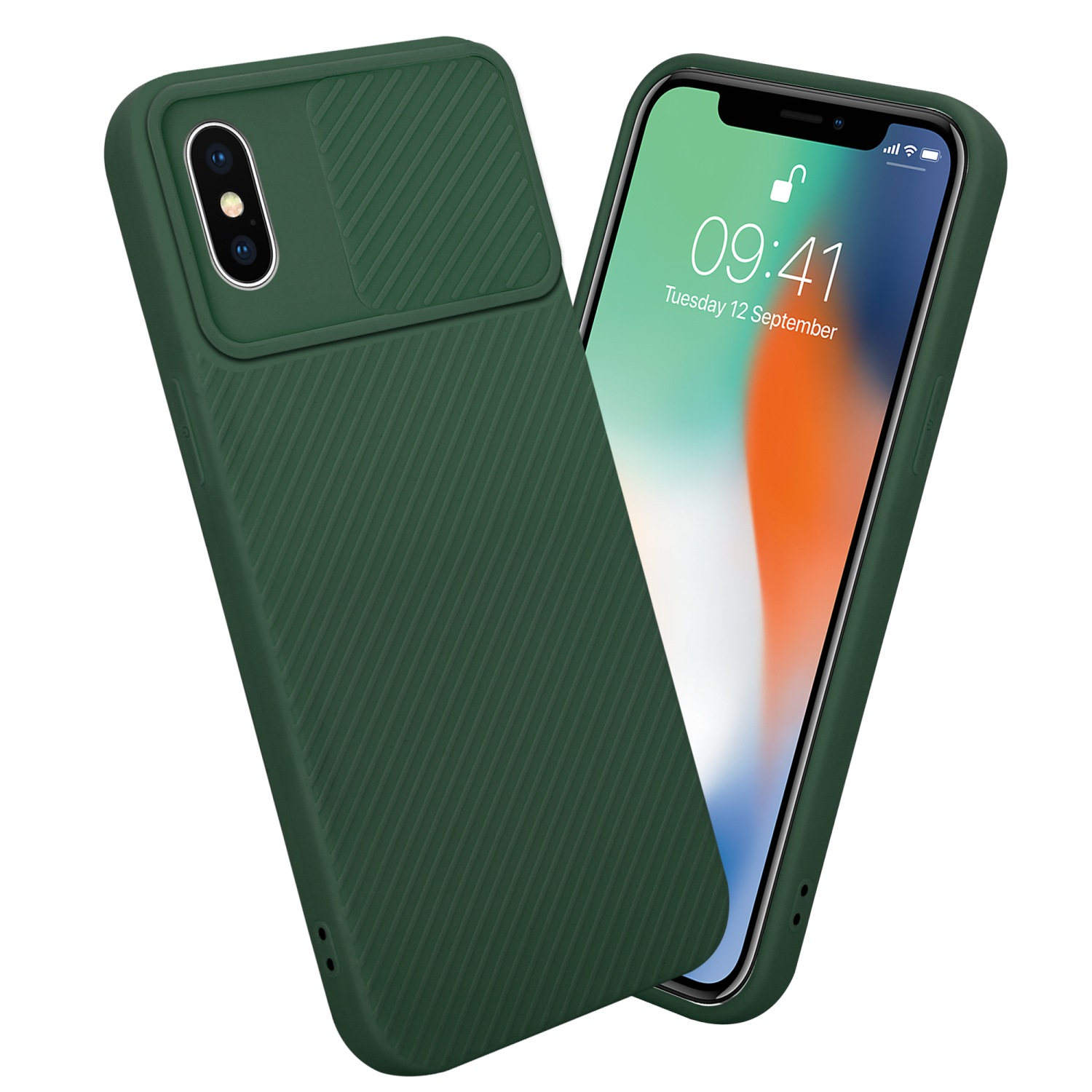 Grüne Handyhülle mit Schiebe-Kameraabdeckung. Ein Telefon ist innen mit sichtbarem Bildschirm. Der Hintergrund ist weiß.