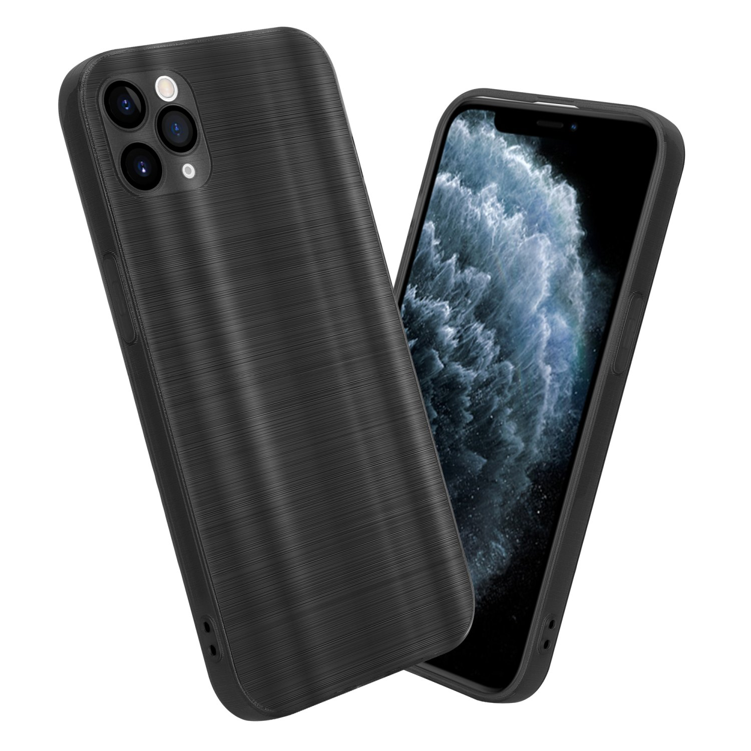 Schwarze Handyhülle, zeigt die strukturierte Rückseite und Kanten, mit dem Telefon im Inneren.