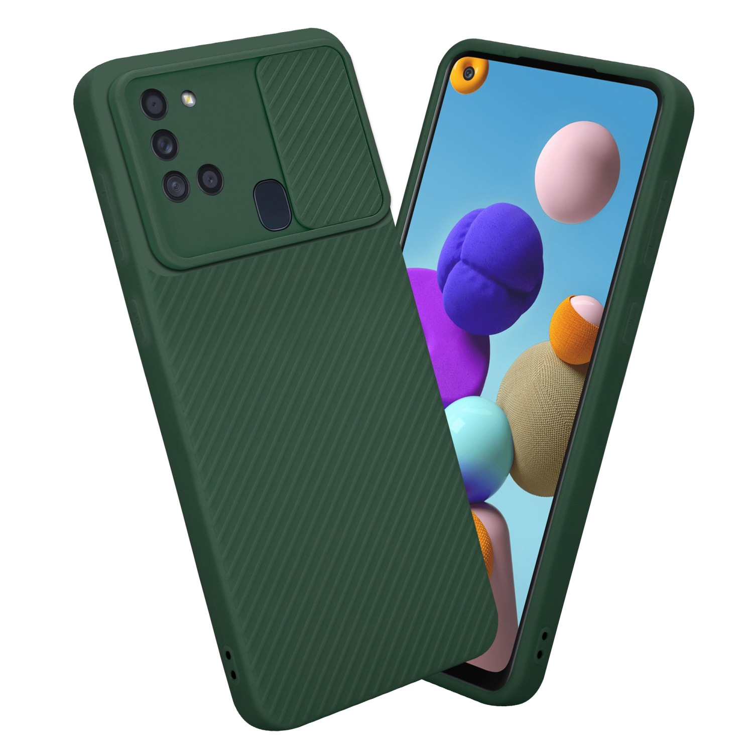 Grüne Handyhülle mit Kameraabdeckung. Telefon ist darin. Dunkelgrüne Farbe.