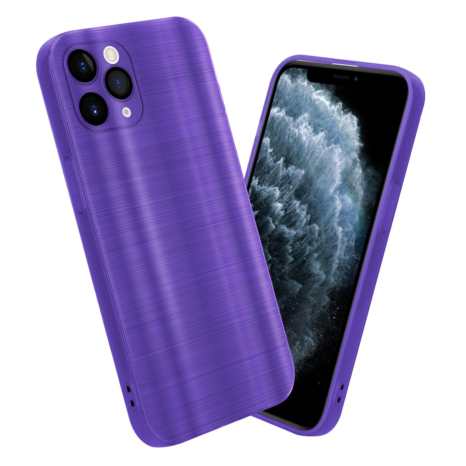Lila Handyhüllen. Eine steht, eine ist offen und zeigt das Handy.