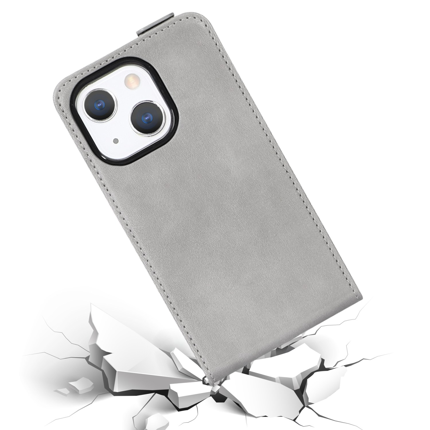 Graue Handyhülle, ein Telefon darin, fällt auf eine weiße Oberfläche mit sichtbaren Rissen.