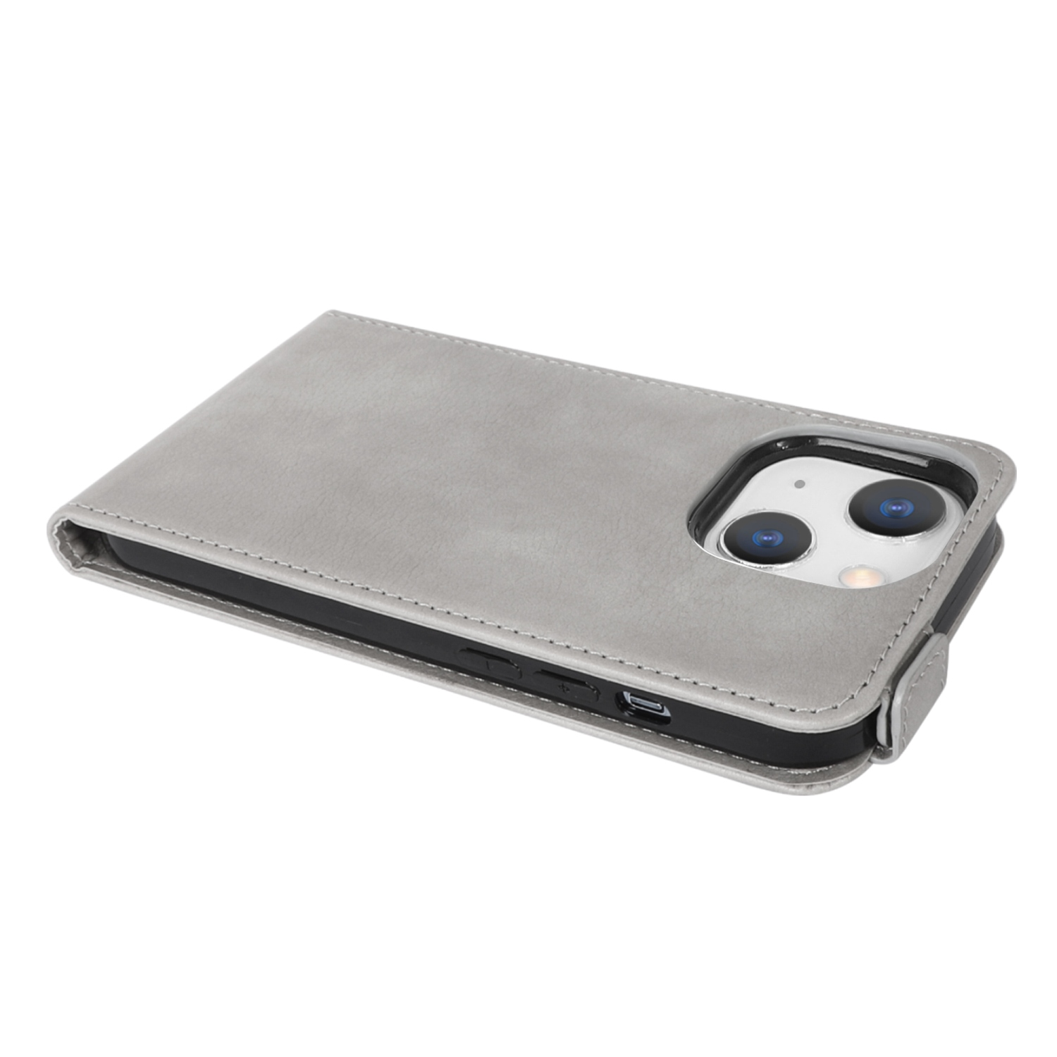 Eine graue Handyhülle ist geöffnet. Die Handyhülle liegt auf einer weißen Oberfläche. Das Telefon hat eine Kamera.