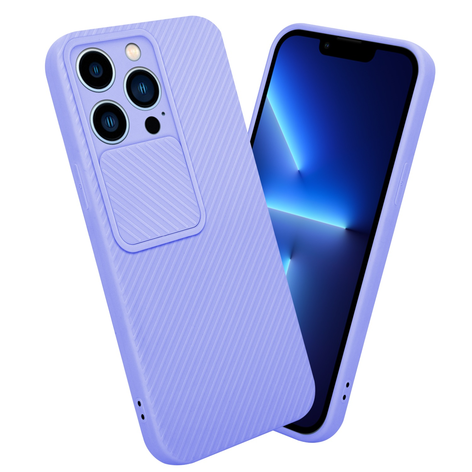 Una custodia per telefono viola con protezione fotocamera e un telefono. Il telefono ha uno schermo blu. Sfondo bianco.