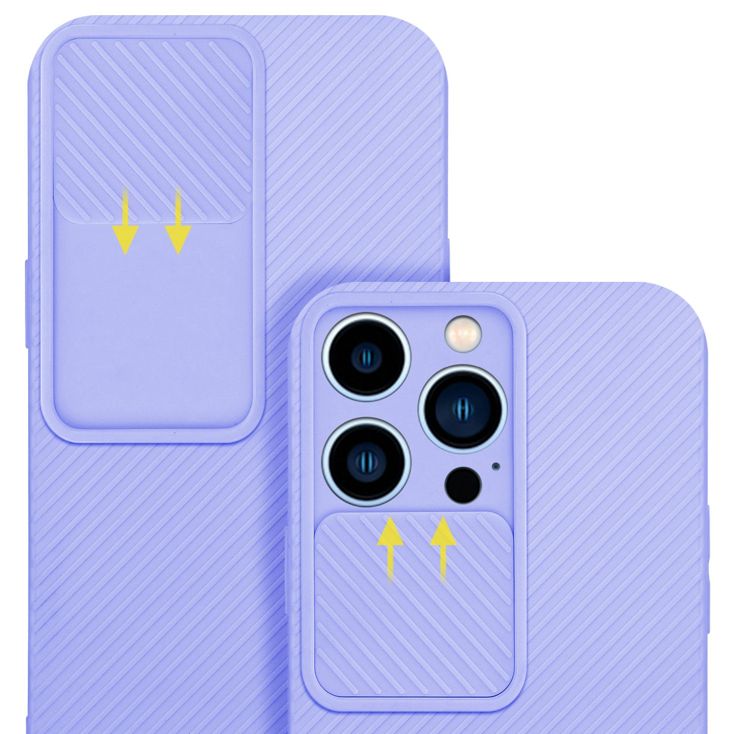 Custodie per telefono viola con copertura per fotocamera. Le frecce indicano come far scorrere la copertura della fotocamera.
